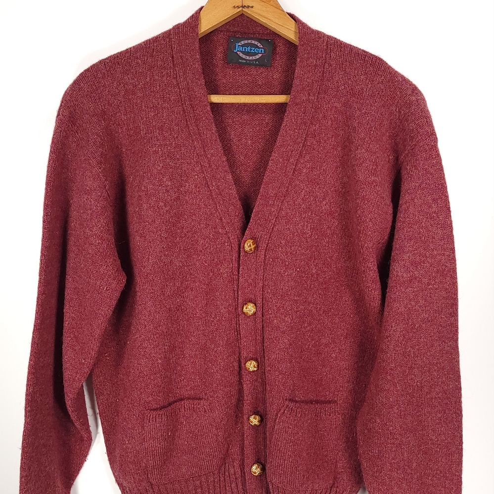 Vtg Jantzen Cardigan Sweater Men's Large Heathered Burgundy Grandpa Grunge Geek